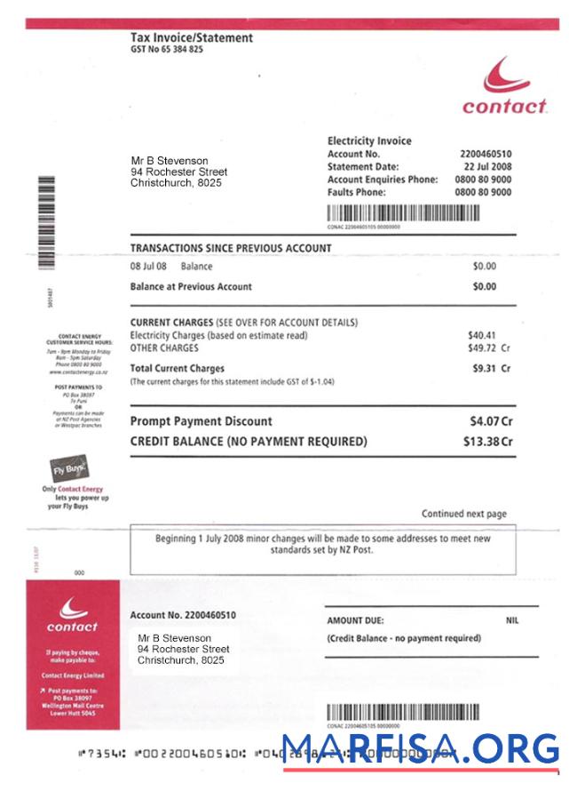 Downloadable New Zealand Electrcity Bill sample